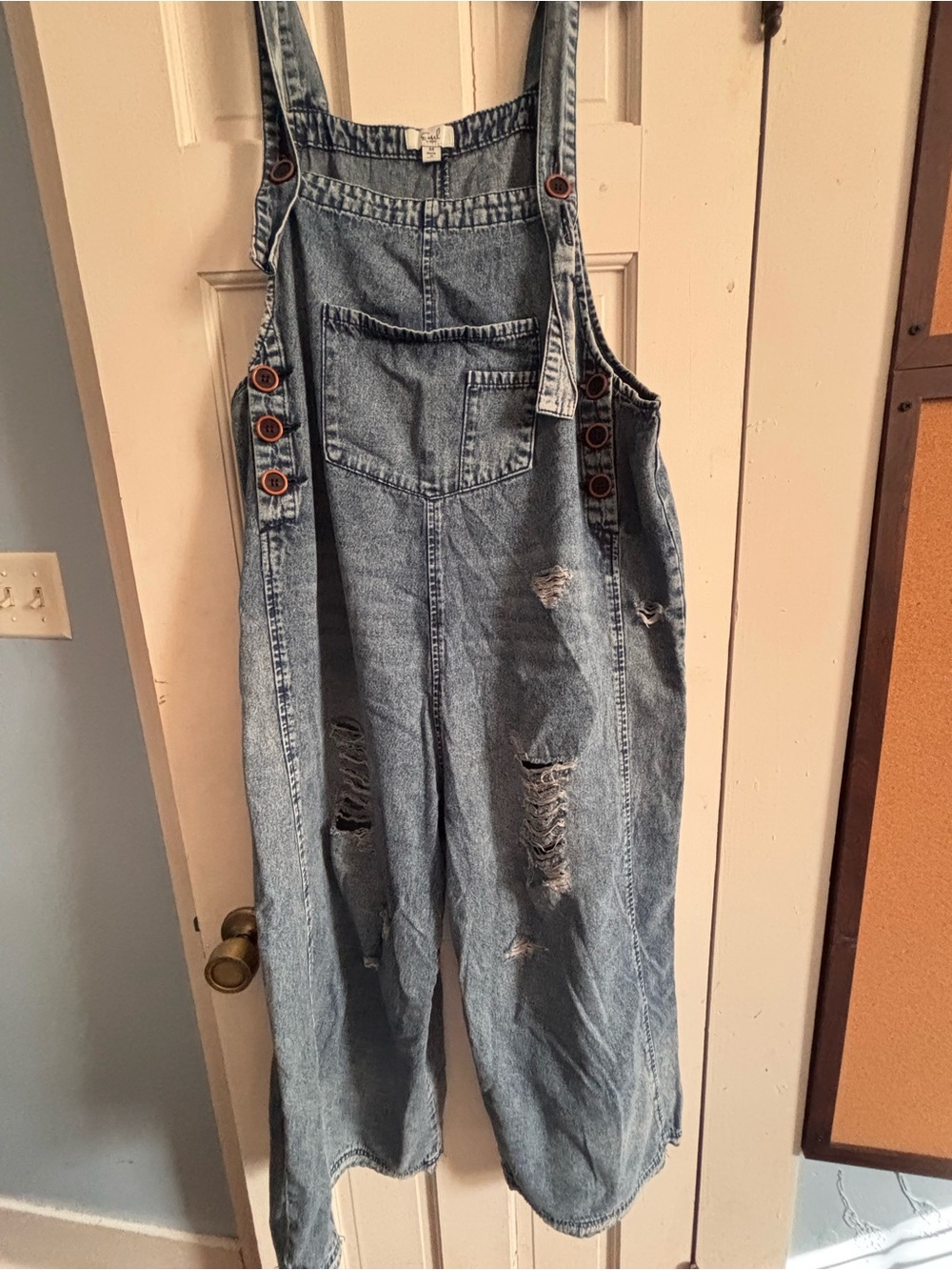 Easel Women’s Wide-Leg Distressed Denim Overalls - Light Blue